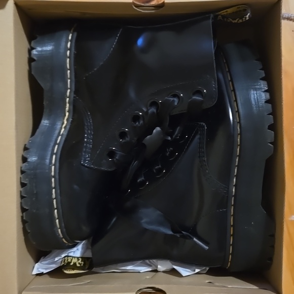 Dr. Martens Shoes - Dr Martens Molly Double Platform Combat Lace Boots Patent Black Leather Size 9